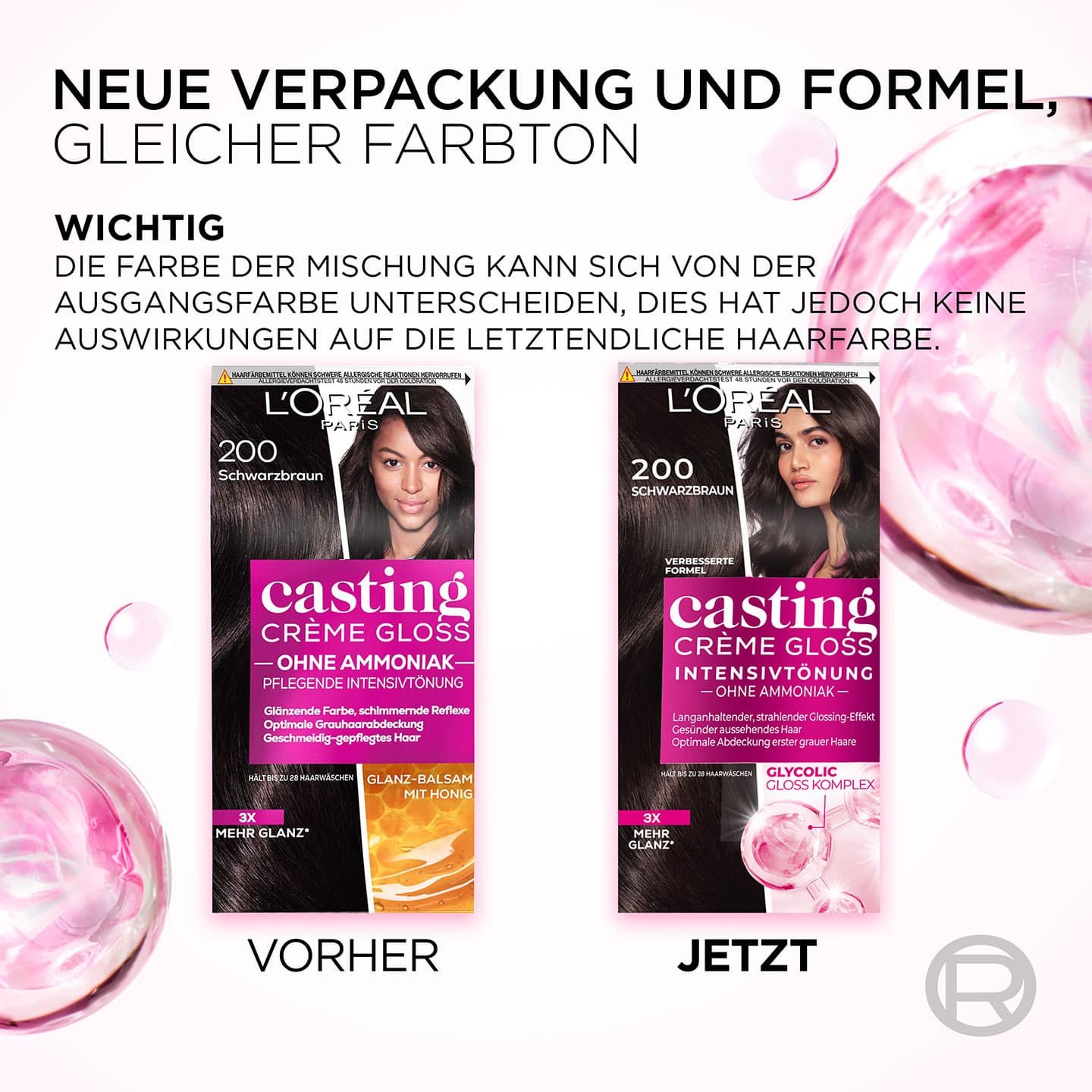 Text: Neue Verpackung & Formel, gleicher Farbton, darunter alte & neue Verpackung nebeneinander